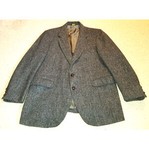 VINTAGE Mens Blazer-HARRIS TWEED-gray herringbone Scottish wool 2-button-44R